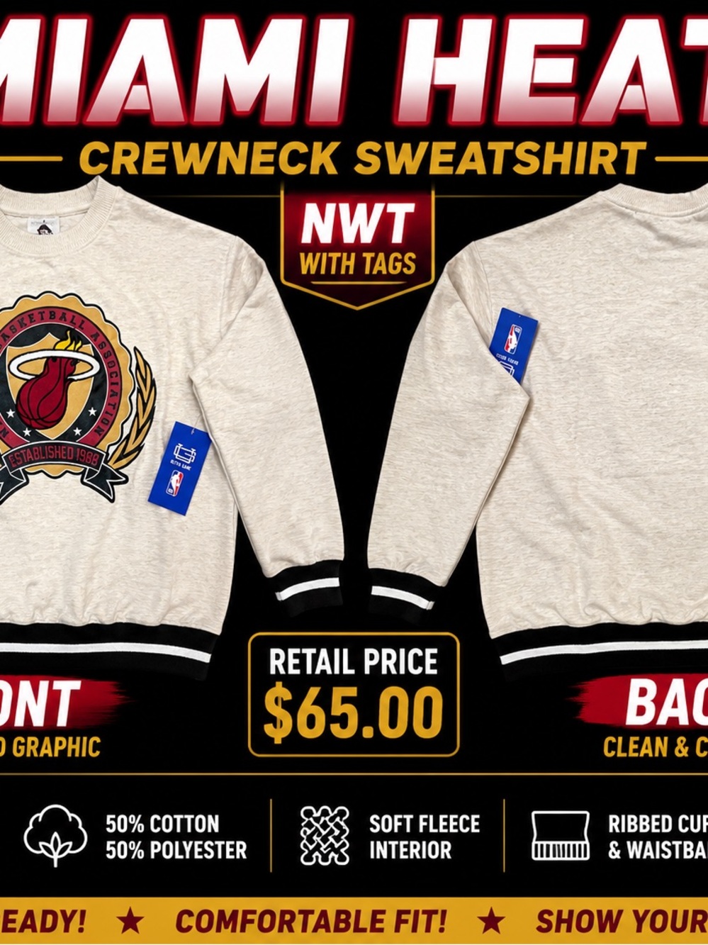 NBA Miami Heat Crewneck Sweatshirt - Cream with Black Accents